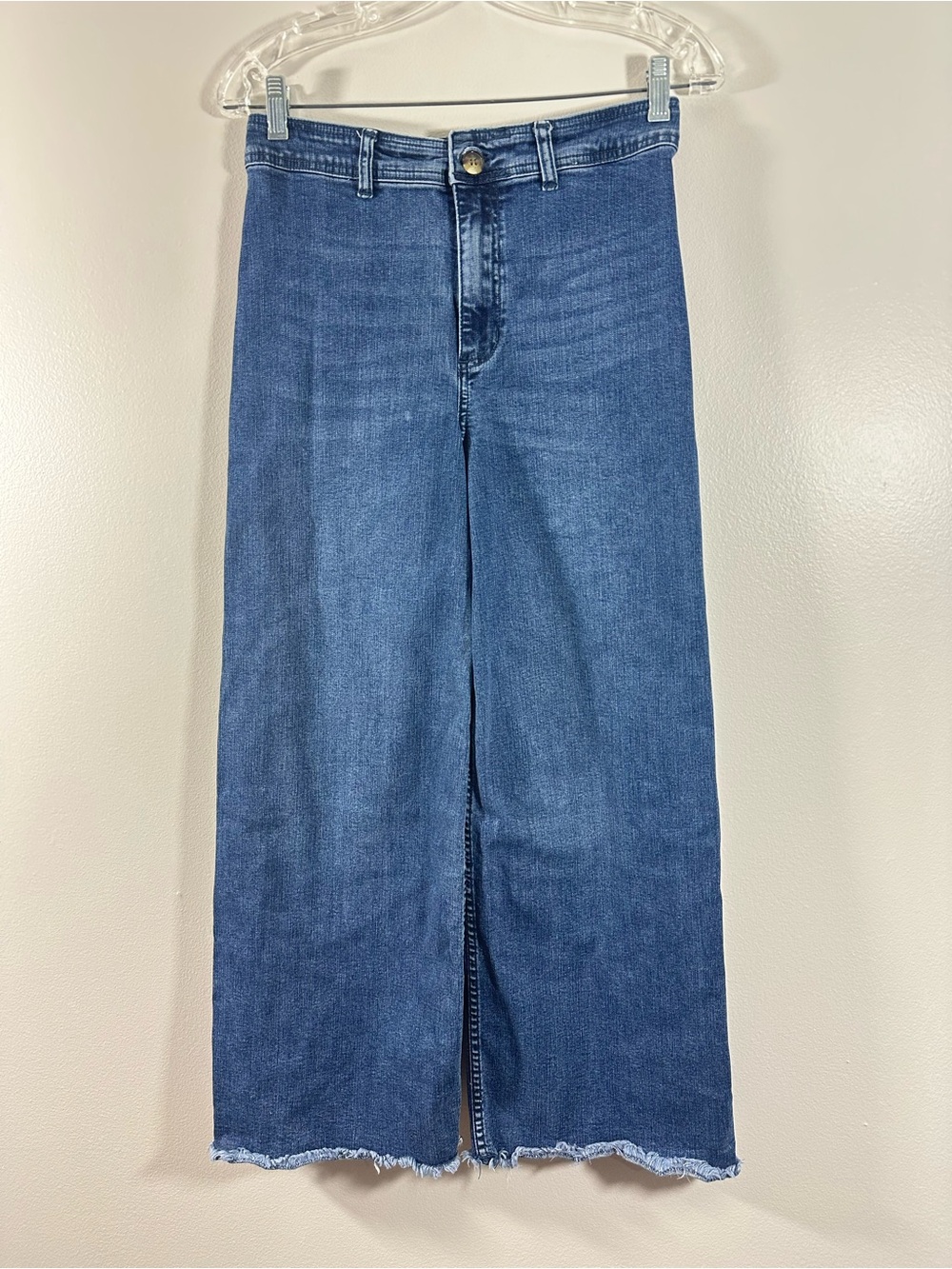 Billabong Sz 29 Wide Leg Jeans Women's Blue High Rise Raw Hem Stretch Denim